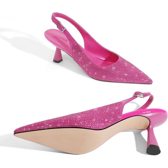 🆕Women's Black Kitten Heels Slingback Low Heel Shoes Pumps Pointed Toe Sparkly - Picture 4 of 9